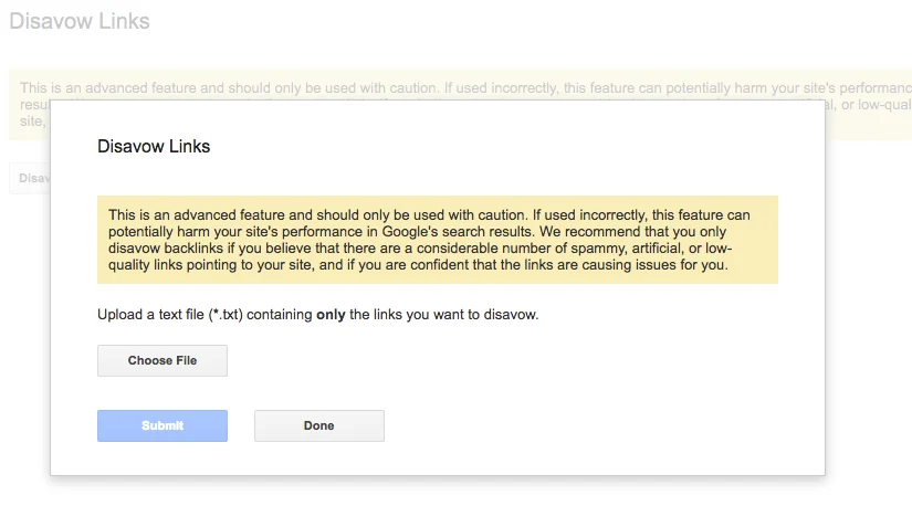 [Screenshot: Google&rsquo;s disavow tool warning message stating that this is an advanced feature and should only be used with caution]