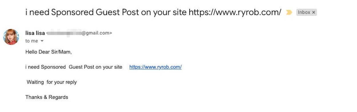 [Screenshot: An example outreach email from a &ldquo;dear sir&rdquo; link building service offering guest posts for a fee]