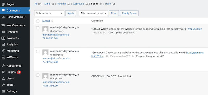 [Screenshot: A WordPress comment moderation queue showing multiple spam comments with links from different users]