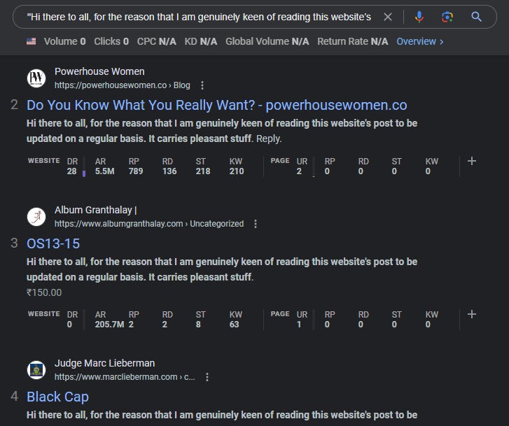 [Screenshot: The same spam comment appearing on multiple different websites &mdash; identical text, identical links]