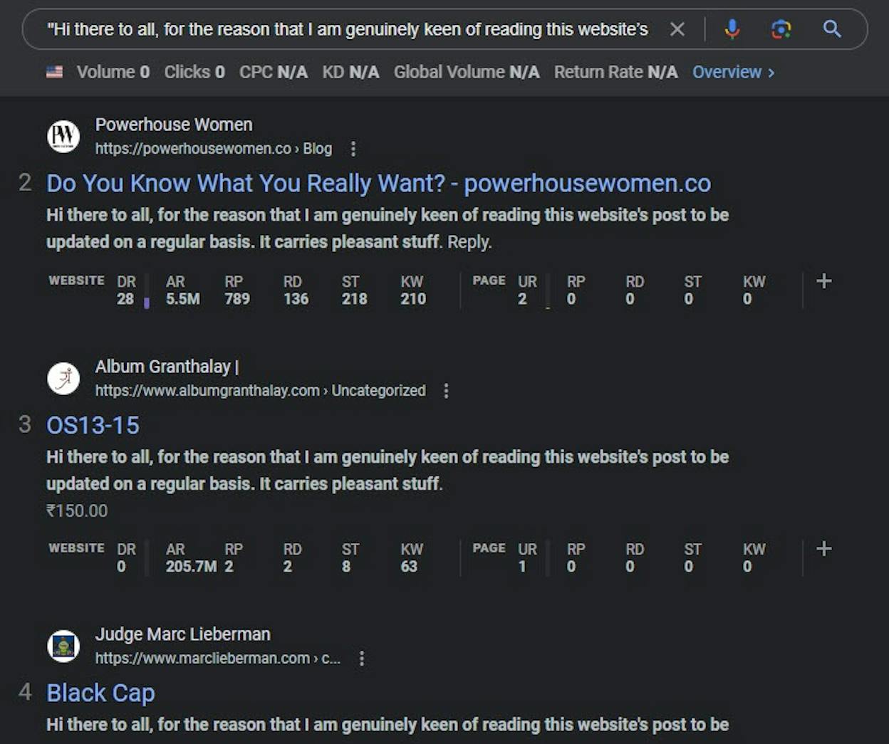 [Screenshot: The same spam comment appearing on multiple different websites &mdash; identical text, identical links]