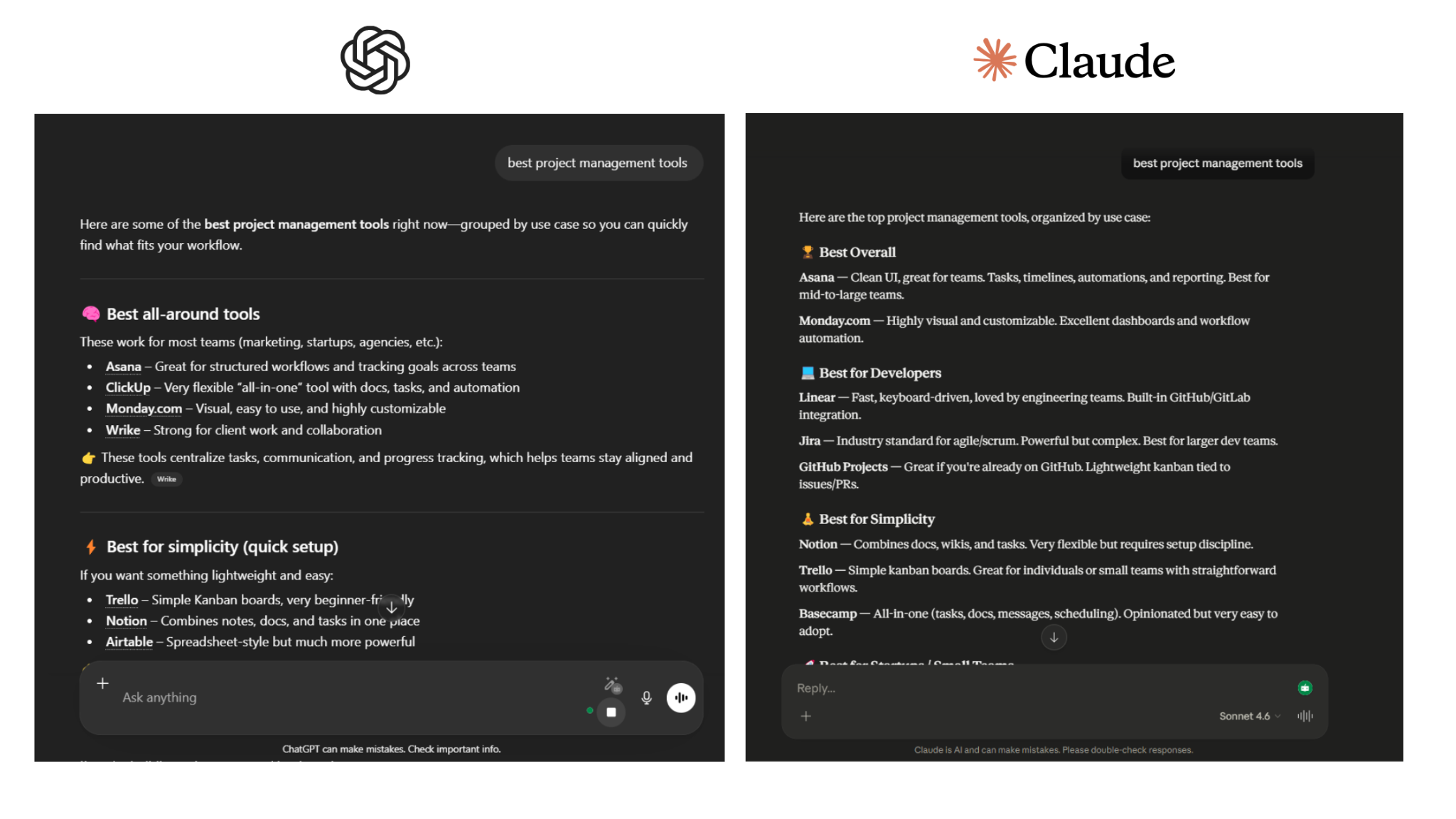 [Screenshot: Side-by-side comparison of two different AI platforms answering the same query and returning different brand recommendations, showing platform variability]