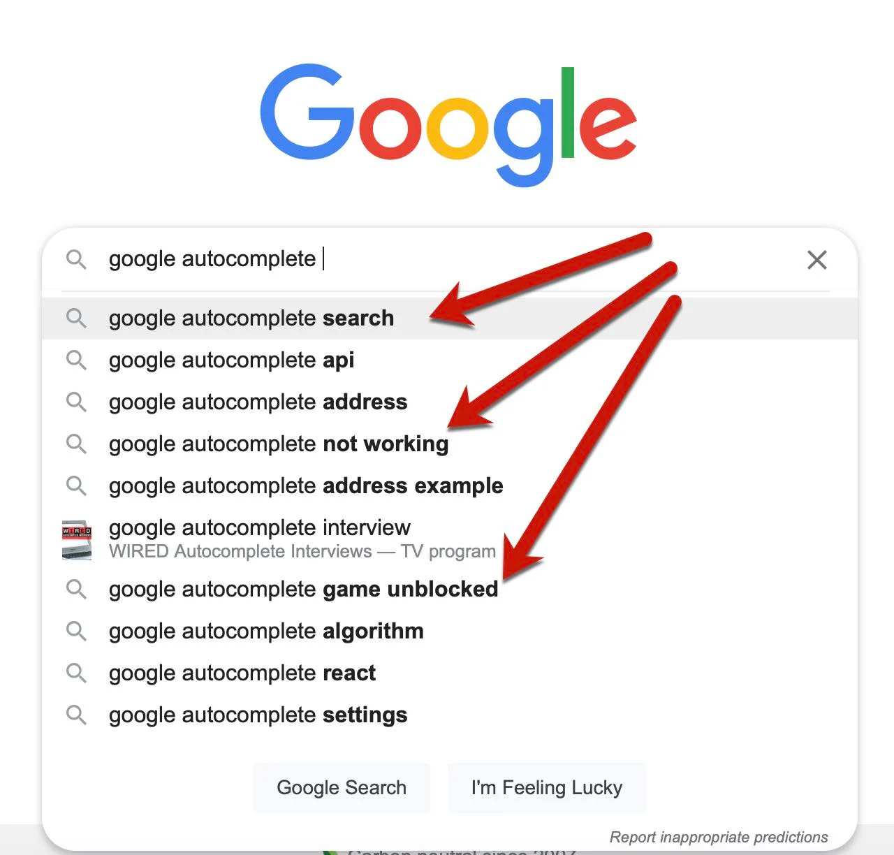 [Screenshot: Google search autocomplete showing suggested completions for a product-category keyword]