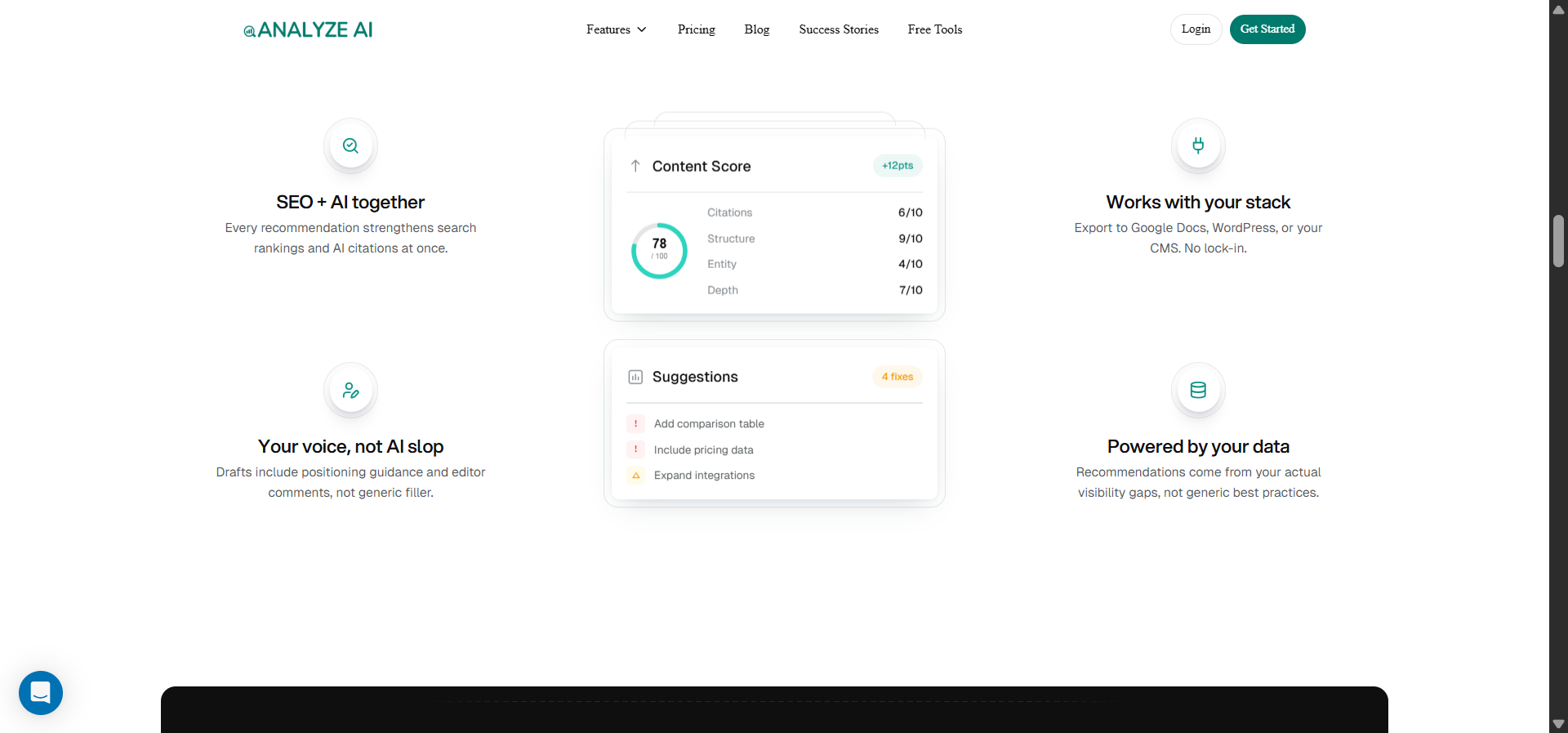 [Screenshot: Analyze AI Content Optimizer showing content score, identified gaps, and specific improvement suggestions]
