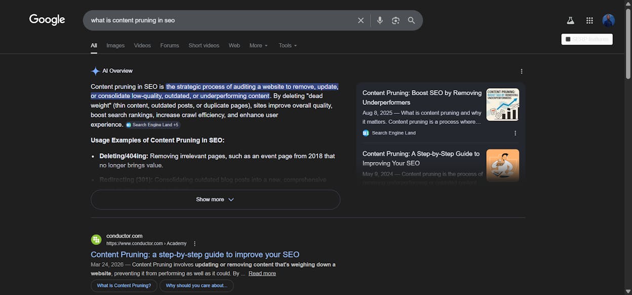 [Screenshot: Example of an AI Overview appearing above organic results for an informational query]
