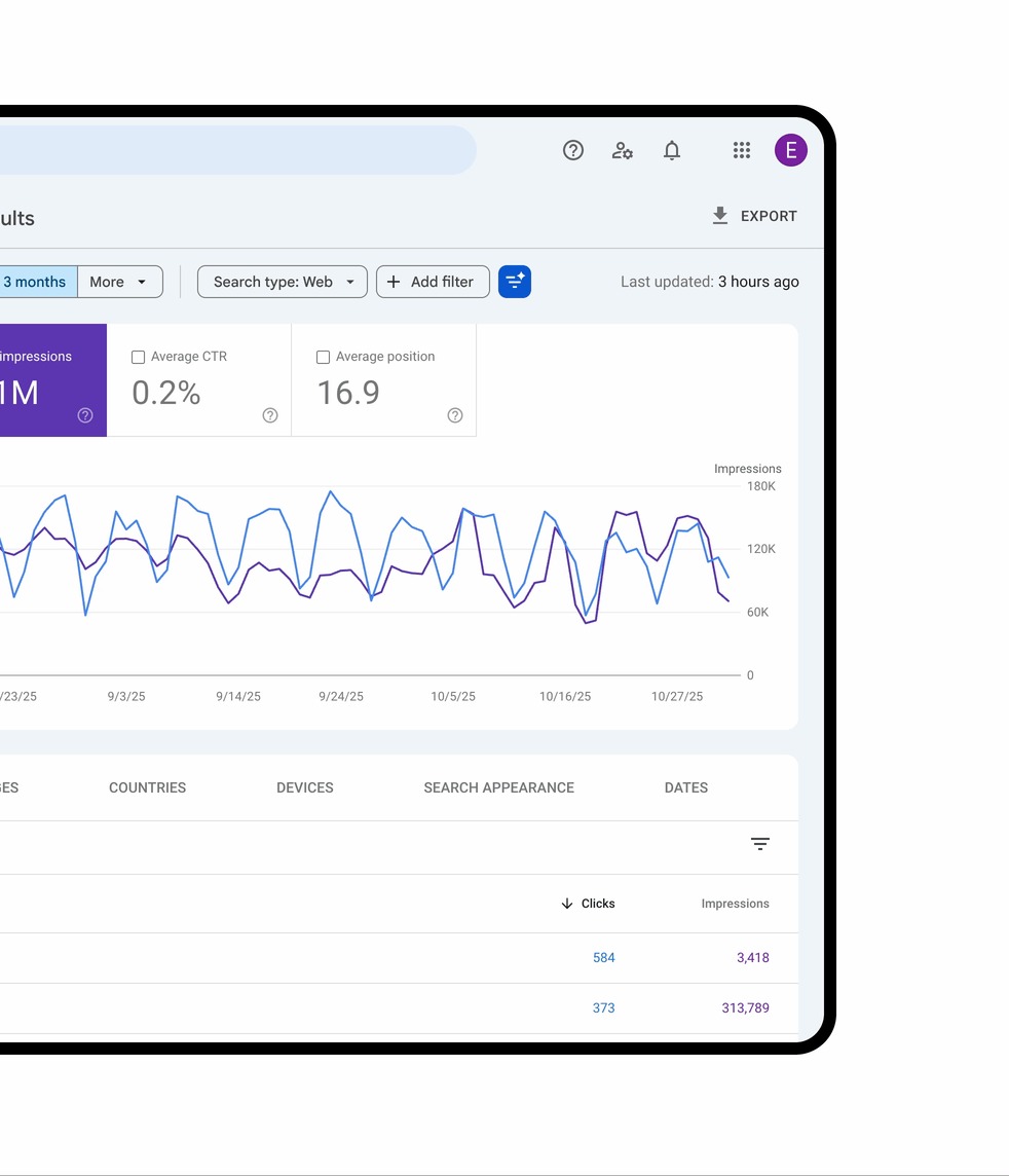 [Screenshot: Google Search Console performance report with regex filter applied to isolate informational queries likely affected by AI Overviews]