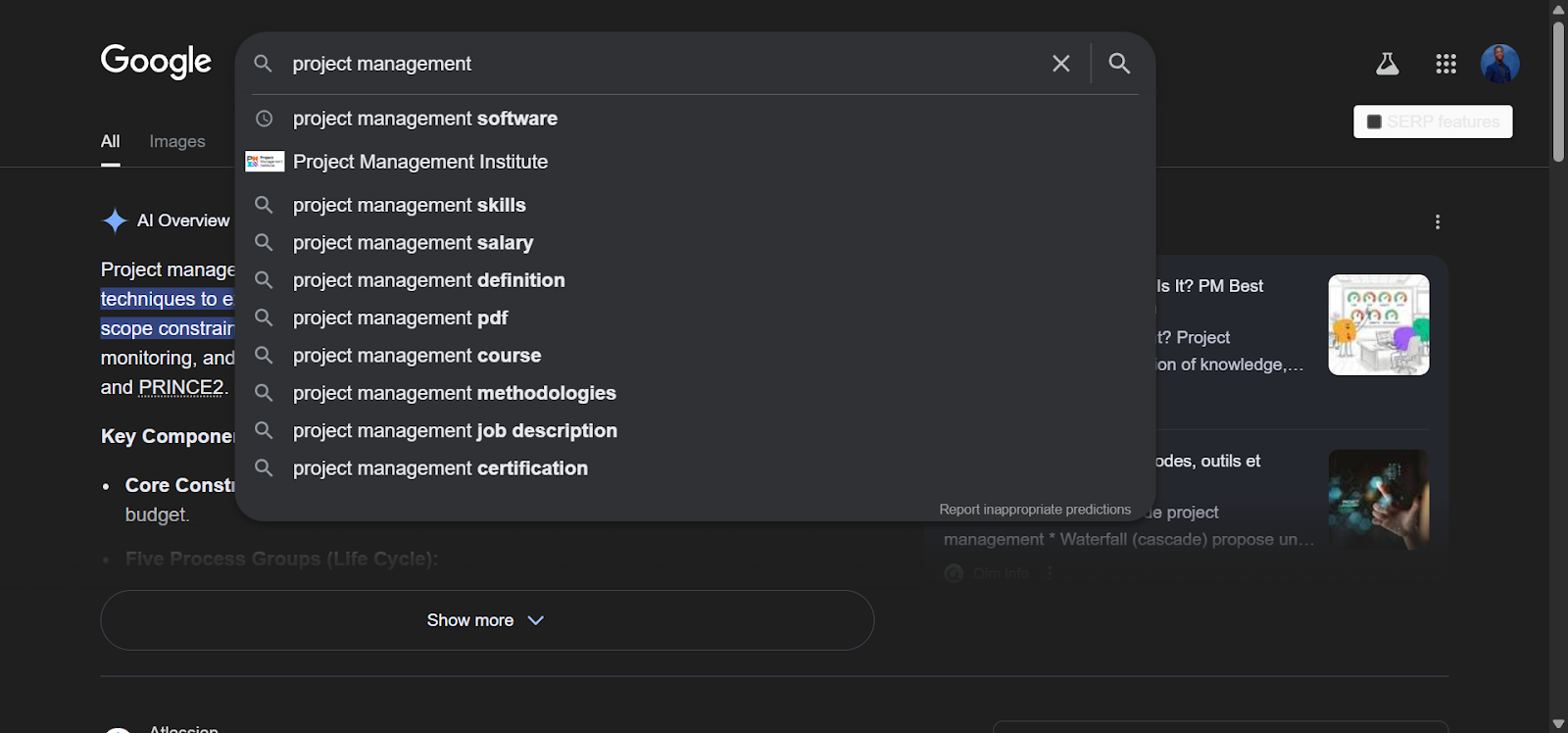 [Screenshot: Google search bar showing autocomplete suggestions for a seed term like &ldquo;project management&rdquo; with multiple long-tail suggestions visible]