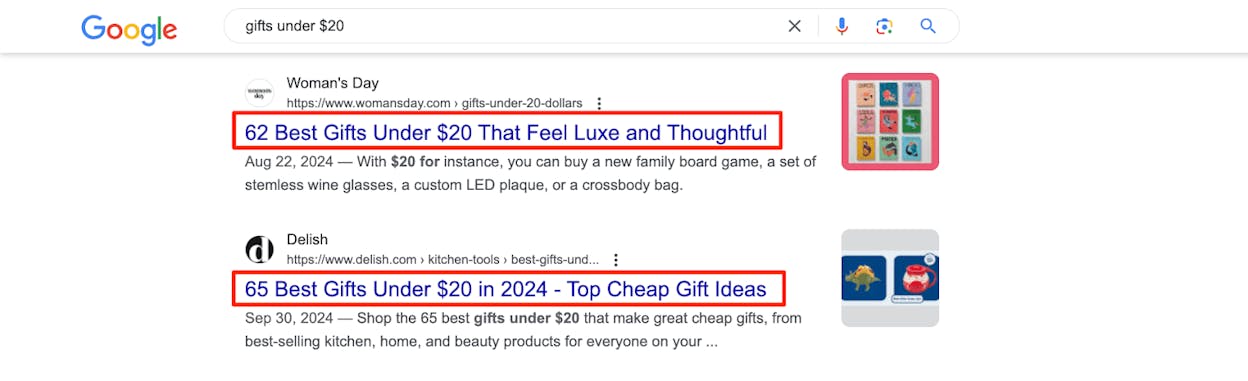 [Screenshot: Google SERP for a target keyword showing multiple results with their title tags and meta descriptions, highlighting examples of good vs. truncated titles]