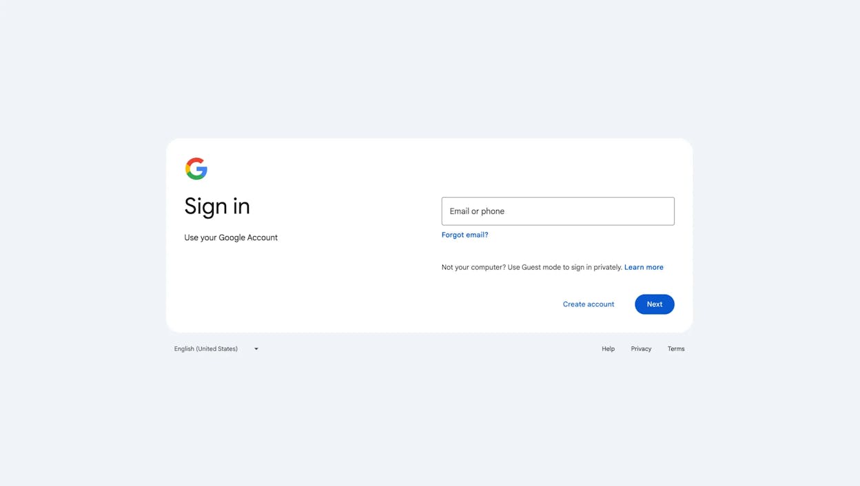 [Screenshot: Google sign-in page with email/phone field and &ldquo;Next&rdquo; button]