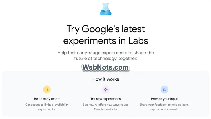 [Screenshot: Web Guide toggle page in Search Labs showing &ldquo;Try Web Guide&rdquo; button and preview screenshots]