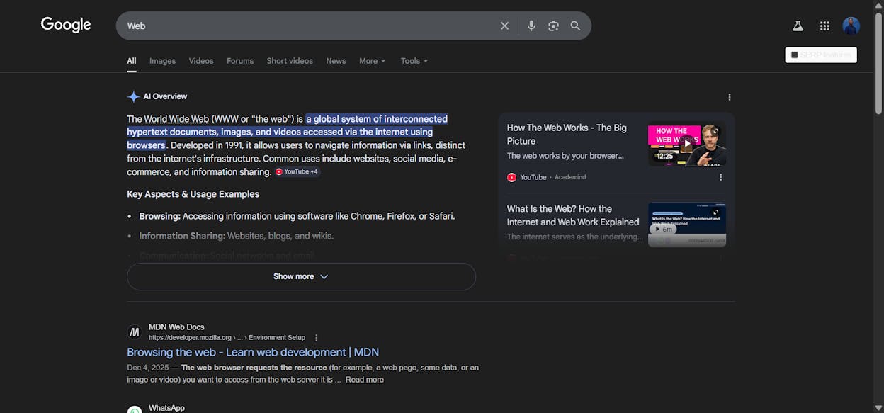[Screenshot: Google search results page showing the &ldquo;Web&rdquo; tab highlighted with an arrow, indicating where Web Guide results appear]