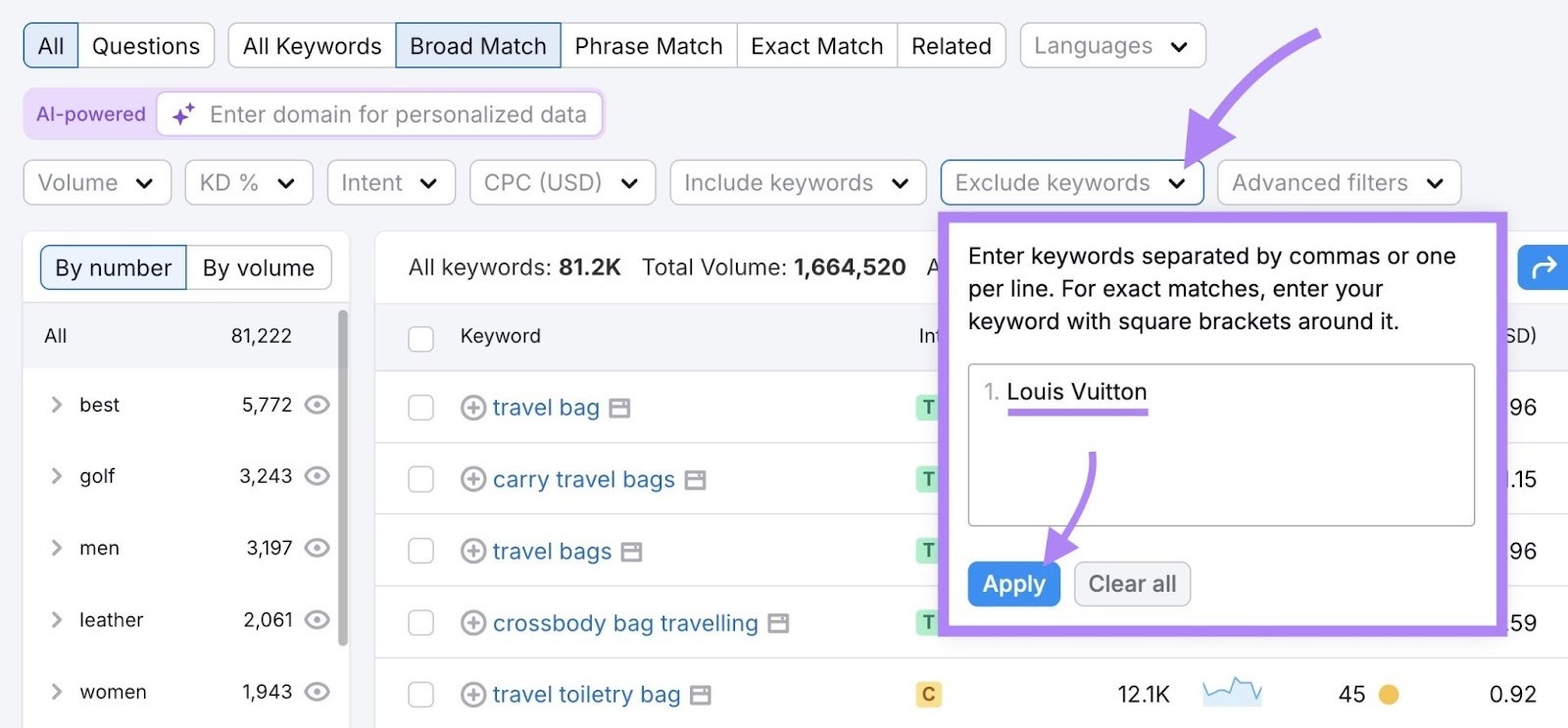 [Screenshot: Keyword research tool showing filter applied for comparison keywords related to a main topic]