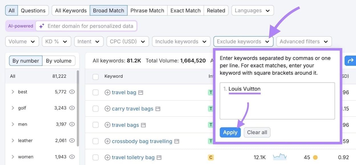 [Screenshot: Keyword research tool showing filter applied for comparison keywords related to a main topic]