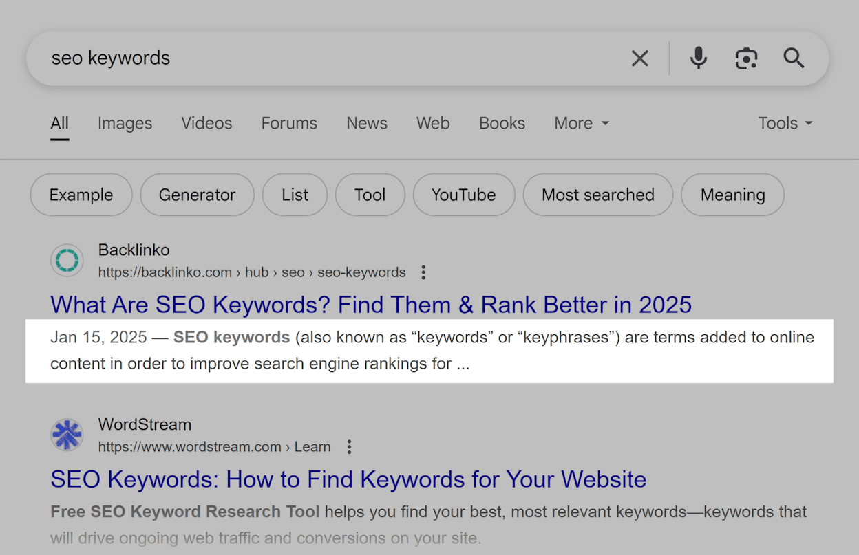 [Screenshot: Google your target keyword and review the meta descriptions of both organic results and paid ads. Note which ones make you want to click and why.]