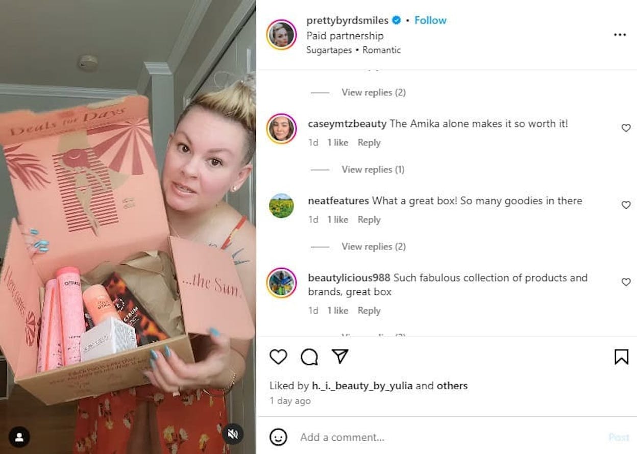 [Screenshot: Example of a micro-influencer&rsquo;s Instagram post promoting a holiday sale, showing engagement metrics like likes, comments, and saves]