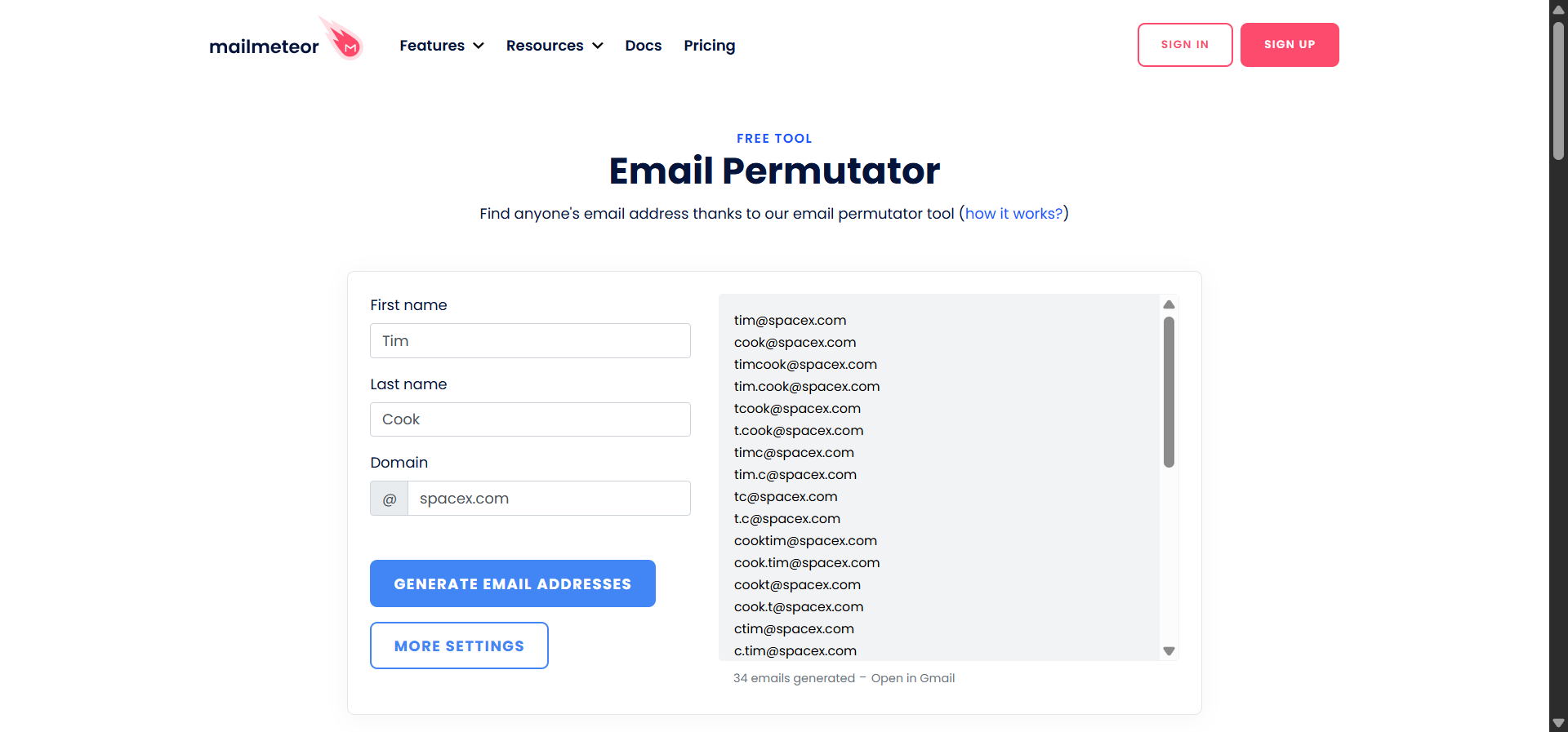 [Screenshot: Mailmeteor Email Permutator interface showing the three input fields (first name, last name, domain) and the generated list of permutations]