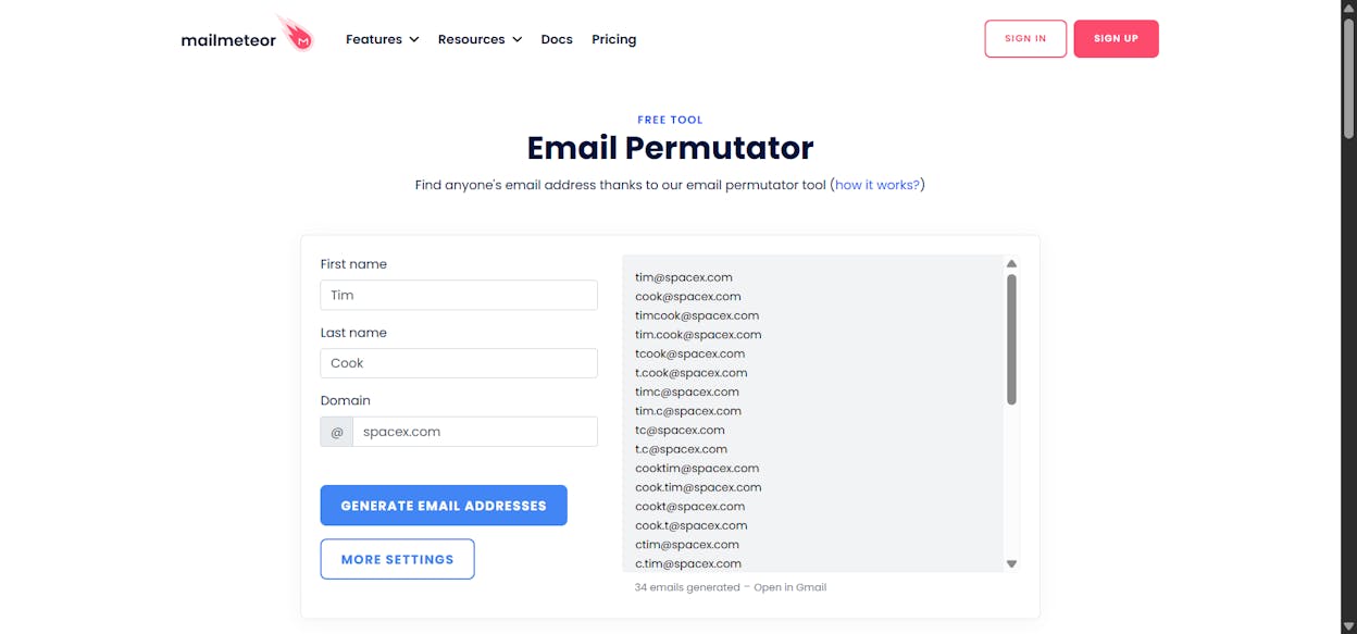 [Screenshot: Mailmeteor Email Permutator interface showing the three input fields (first name, last name, domain) and the generated list of permutations]