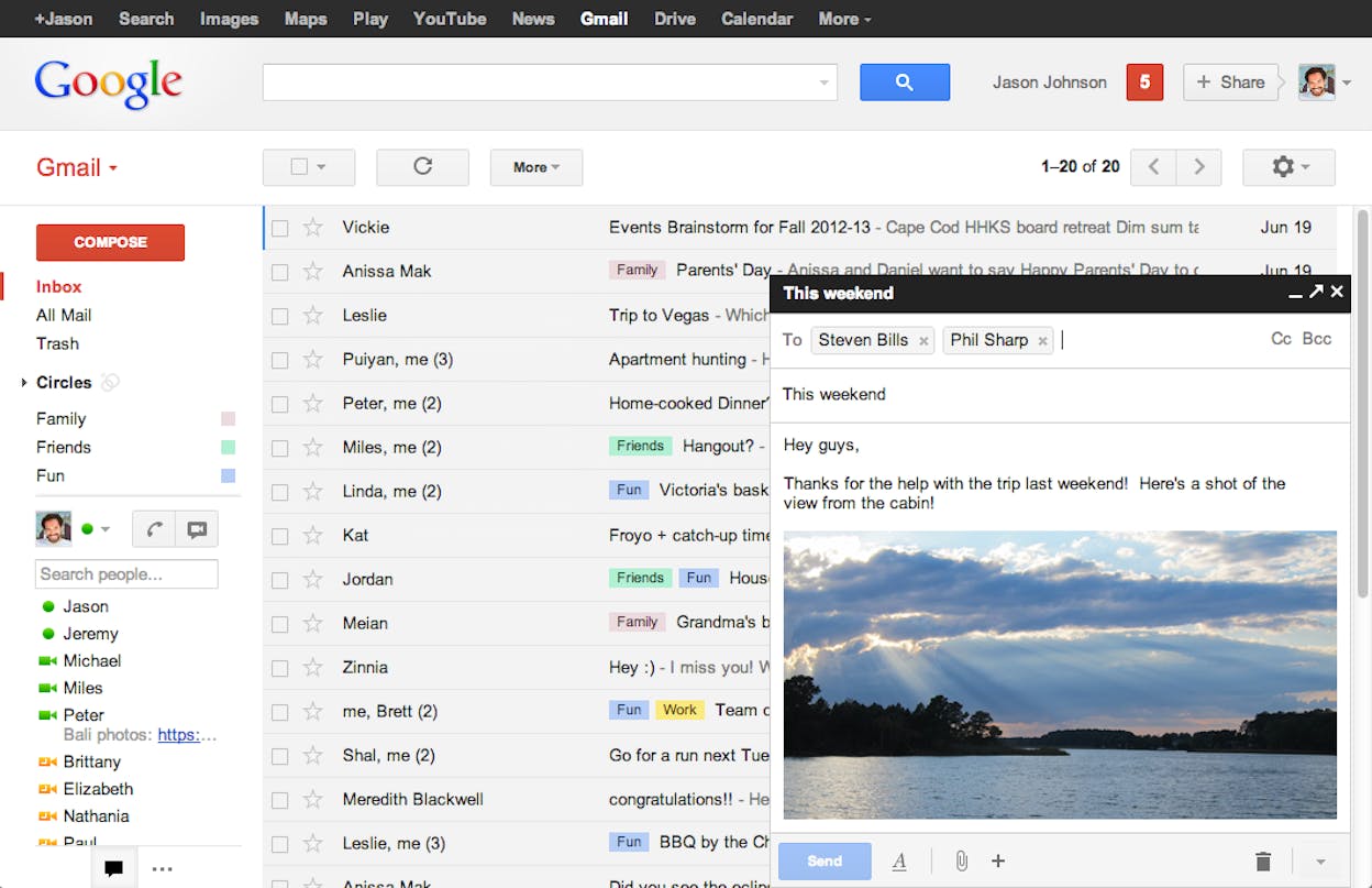 [Screenshot: Gmail compose window showing email permutations in the To field, with a Google profile pop-up visible on one of them]