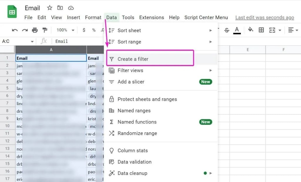 [Screenshot: Google Sheets with email addresses in a column, showing a profile indicator appearing on hover]