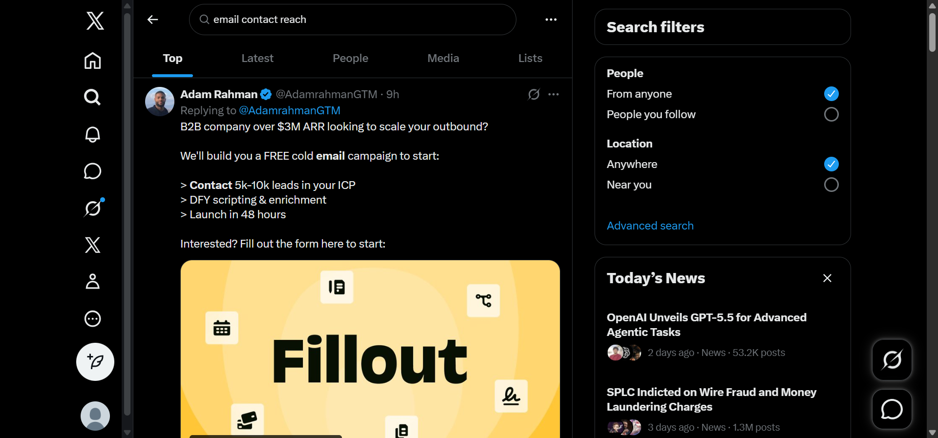 [Screenshot: X Advanced Search form with the fields filled in &mdash; &ldquo;email contact reach&rdquo; in the &ldquo;All of these words&rdquo; field and a sample handle in the &ldquo;From these accounts&rdquo; field]