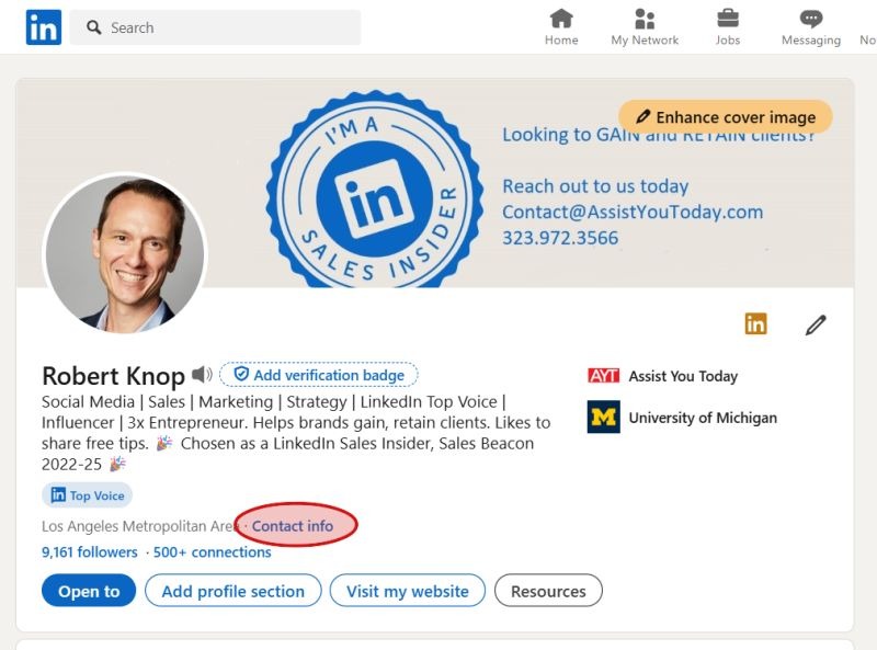 [Screenshot: LinkedIn &ldquo;Contact Info&rdquo; pop-up on a profile showing a visible email address field]