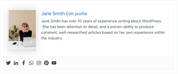 [Screenshot: An example website author bio section at the bottom of a blog post, showing the author&rsquo;s name, photo, short description, and a visible email address]