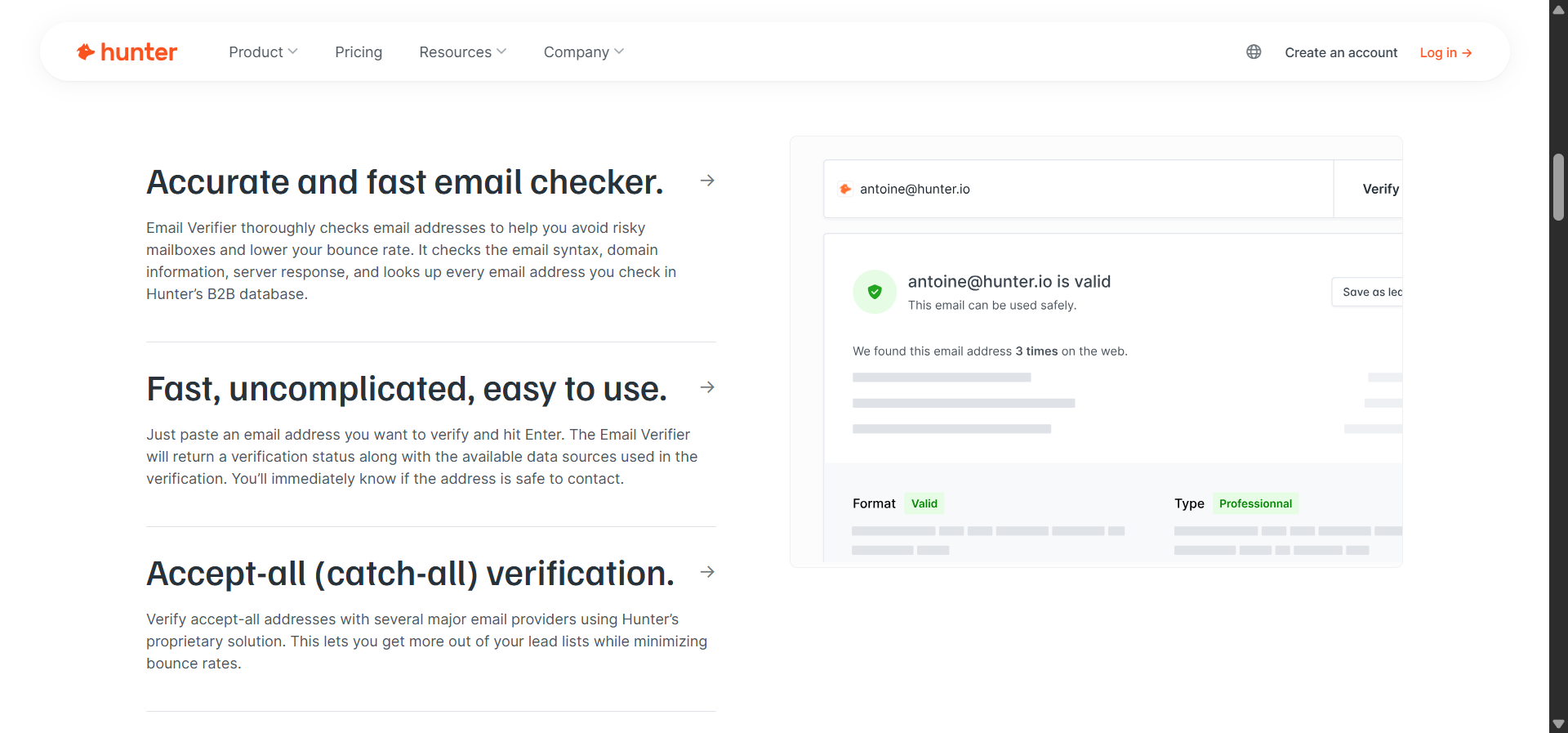 [Screenshot: Hunter Email Verifier results page showing a verified email with green checkmarks for format, domain, and SMTP checks]