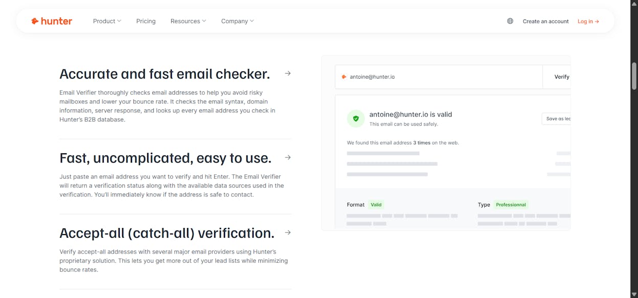 [Screenshot: Hunter Email Verifier results page showing a verified email with green checkmarks for format, domain, and SMTP checks]