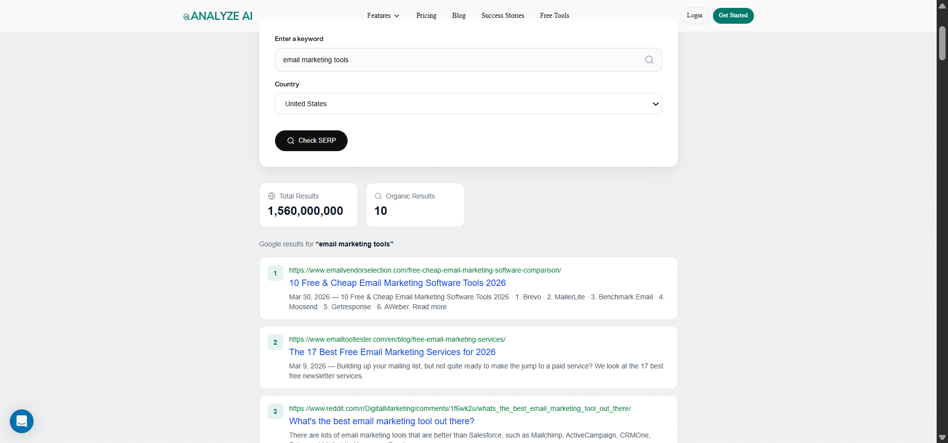 [Screenshot: A content research tool (e.g., BuzzSumo or Ahrefs Content Explorer) showing search results for &ldquo;email marketing tools&rdquo; with article titles, authors, and domain names visible]