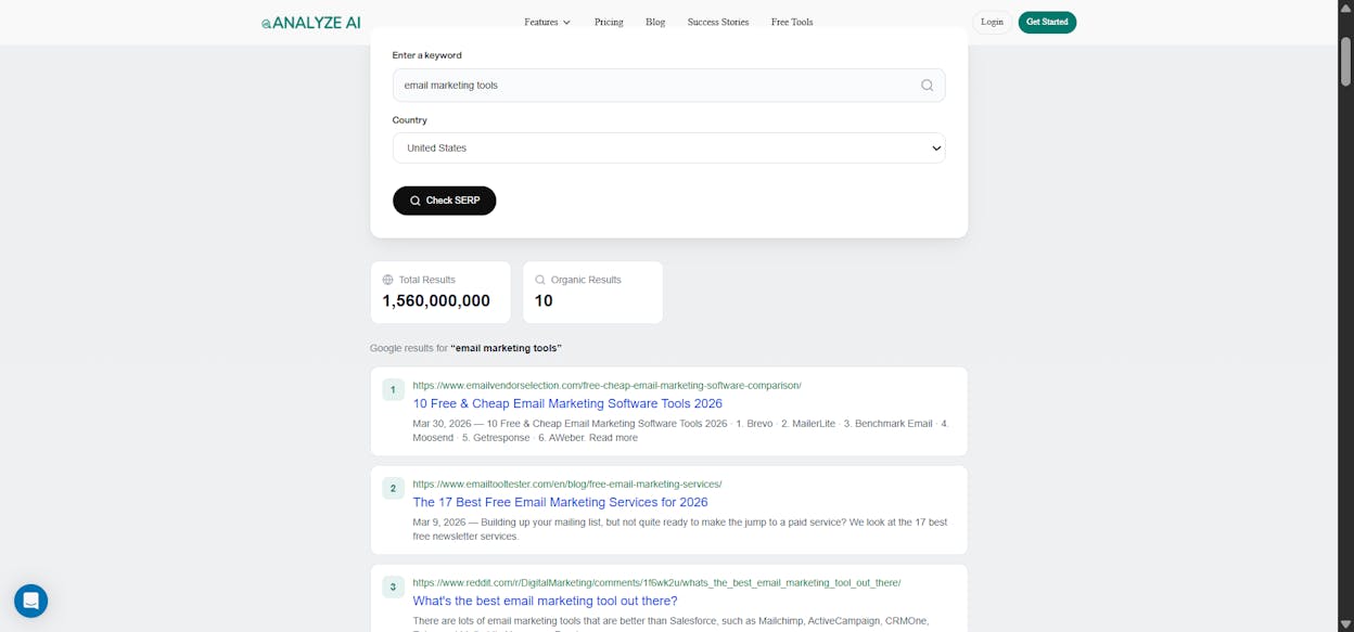 [Screenshot: A content research tool (e.g., BuzzSumo or Ahrefs Content Explorer) showing search results for &ldquo;email marketing tools&rdquo; with article titles, authors, and domain names visible]