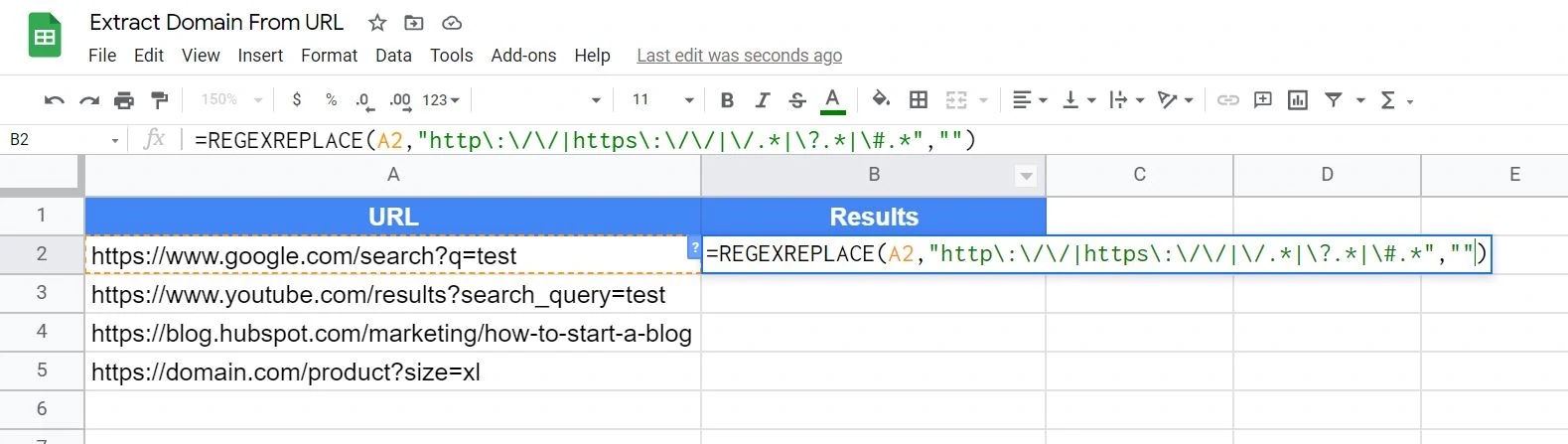 [Screenshot: Google Sheets with article URLs in column A, the REGEXEXTRACT formula in column B, and extracted domains in column B&rsquo;s results]