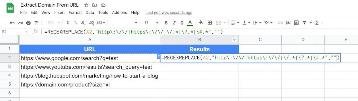 [Screenshot: Google Sheets with article URLs in column A, the REGEXEXTRACT formula in column B, and extracted domains in column B&rsquo;s results]