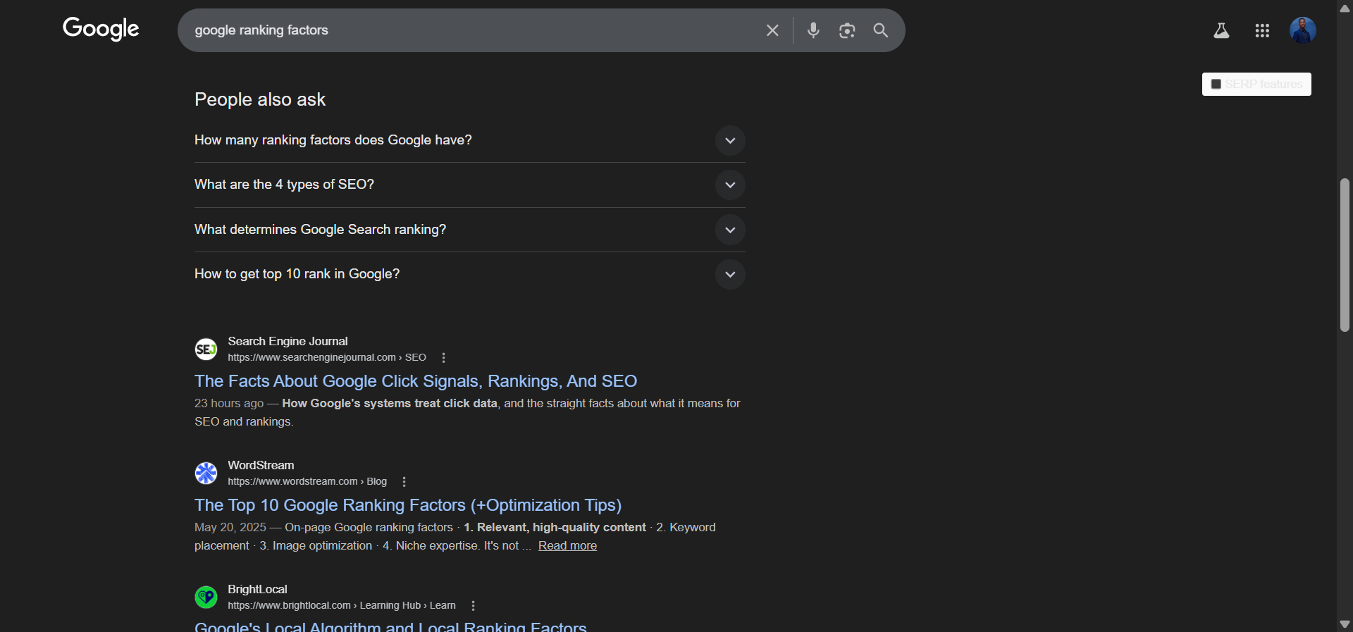 [Screenshot: Google &ldquo;People Also Ask&rdquo; box for &ldquo;google ranking factors&rdquo; showing common subtopics]