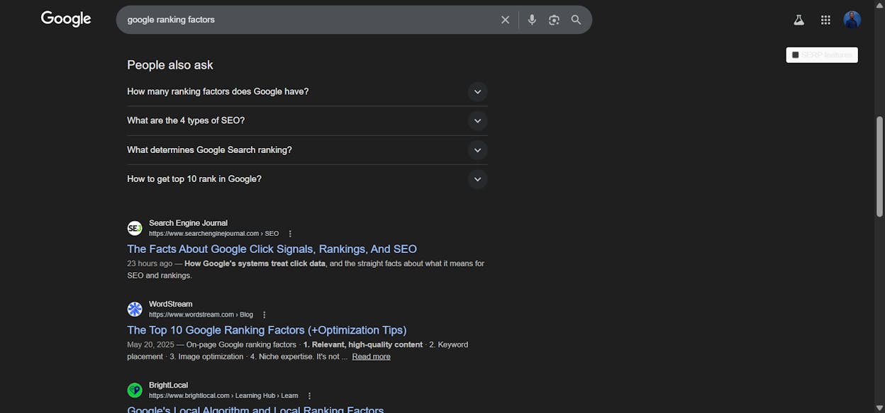 [Screenshot: Google &ldquo;People Also Ask&rdquo; box for &ldquo;google ranking factors&rdquo; showing common subtopics]