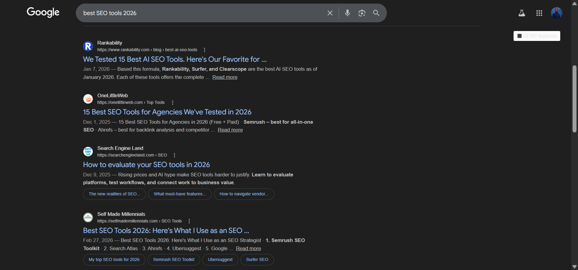 [Screenshot: Google SERP showing date stamps on results for a time-sensitive query like &ldquo;best SEO tools 2026&rdquo; vs. an evergreen query like &ldquo;what is SEO&rdquo;]