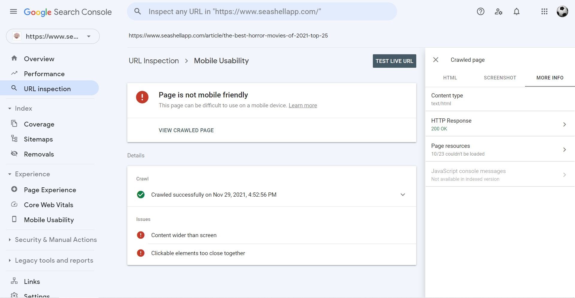 [Screenshot: Google Search Console Mobile Usability report showing pages with and without issues]