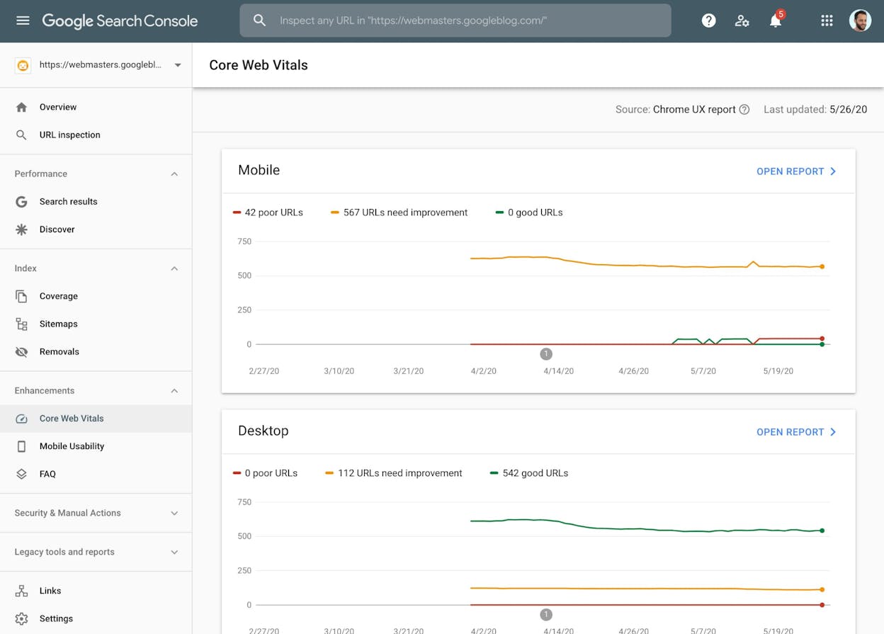 [Screenshot: Google Search Console Core Web Vitals report showing URL groups by status]
