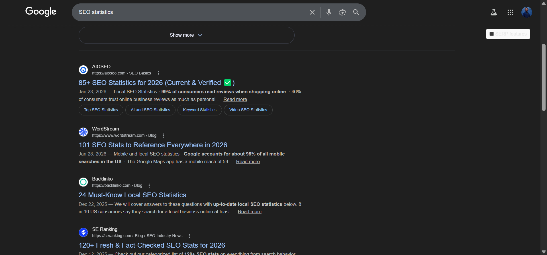 [Screenshot: Google search results page showing search operator query for &ldquo;SEO statistics&rdquo; link roundup results]