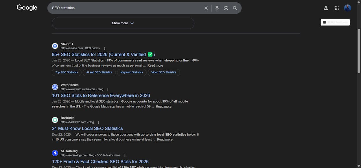 [Screenshot: Google search results page showing search operator query for &ldquo;SEO statistics&rdquo; link roundup results]