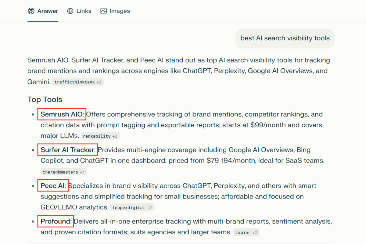 [Screenshot: A Perplexity AI response citing a brand with article embeds and links]