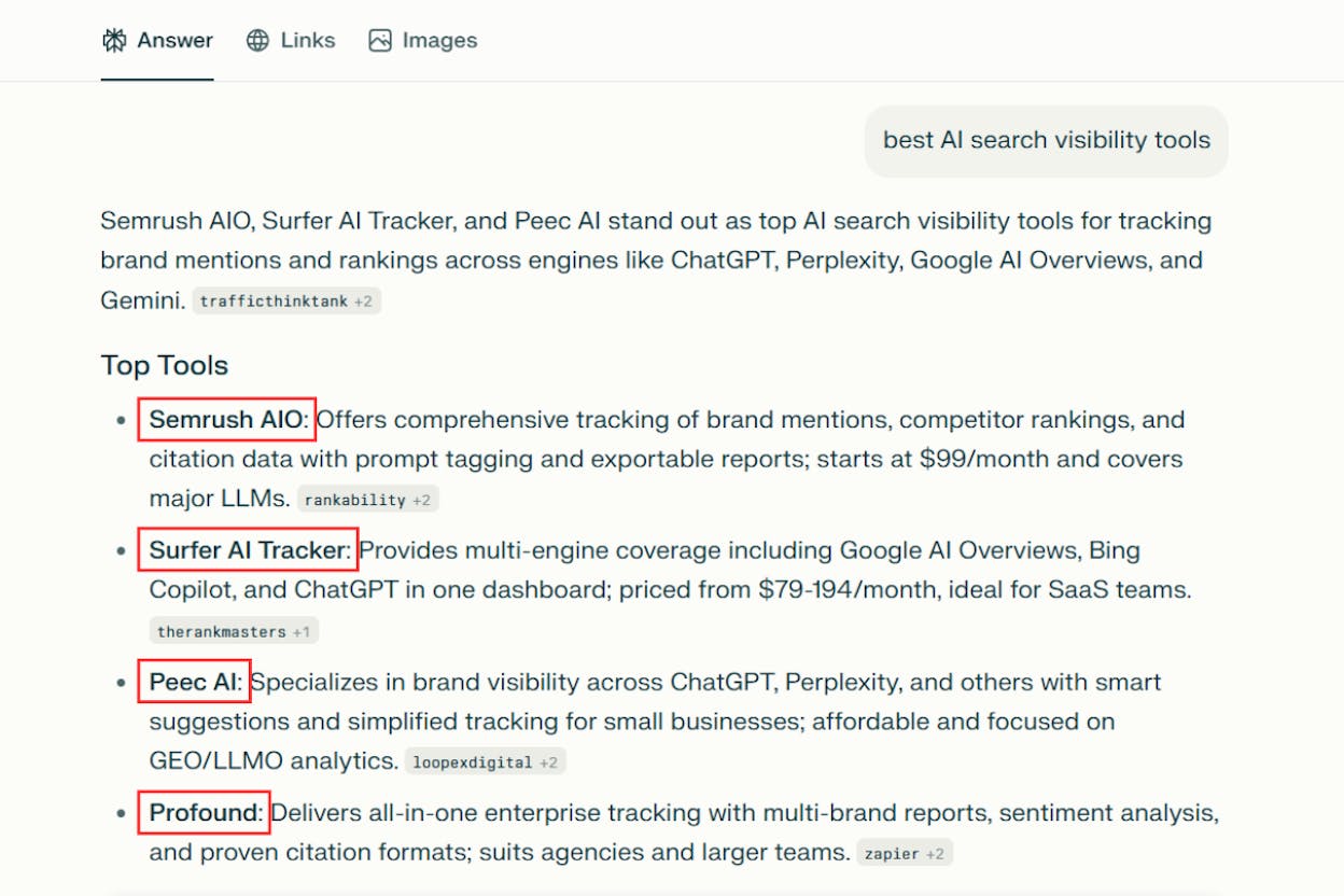 [Screenshot: A Perplexity AI response citing a brand with article embeds and links]