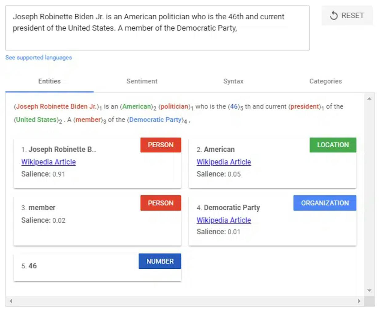 [Screenshot: Google&rsquo;s NLP API showing entity analysis results for a webpage, with topics like &ldquo;SEO,&rdquo; &ldquo;backlinks,&rdquo; &ldquo;content marketing&rdquo;]