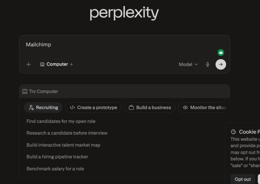 [Screenshot: Perplexity auto-complete suggestions for the same partial prompt, showing different brand-relevant questions]