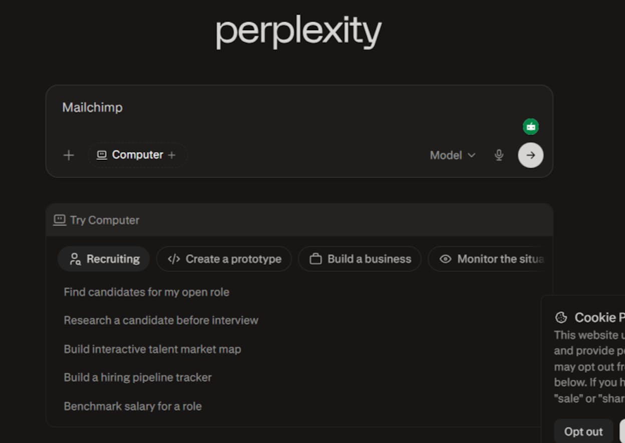 [Screenshot: Perplexity auto-complete suggestions for the same partial prompt, showing different brand-relevant questions]