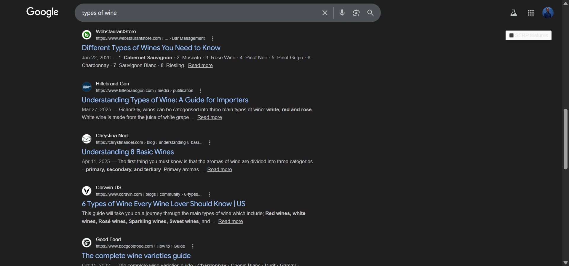 [Screenshot: Google SERP for &ldquo;types of wine&rdquo; showing informational blog posts and guides from wine education sites]