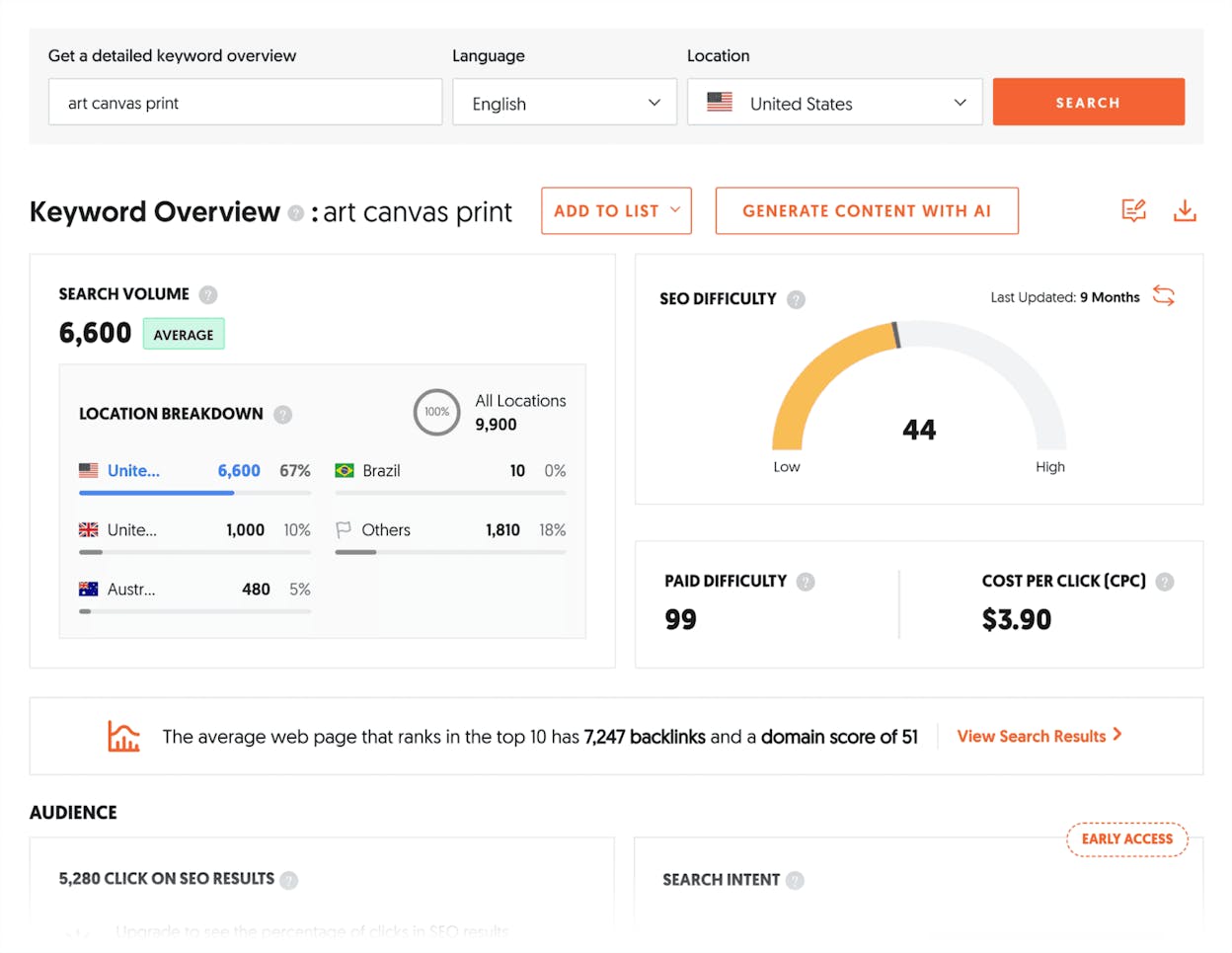 [Screenshot: A keyword tool showing estimated traffic to top-ranking pages, revealing the gap between search volume and actual traffic potential]