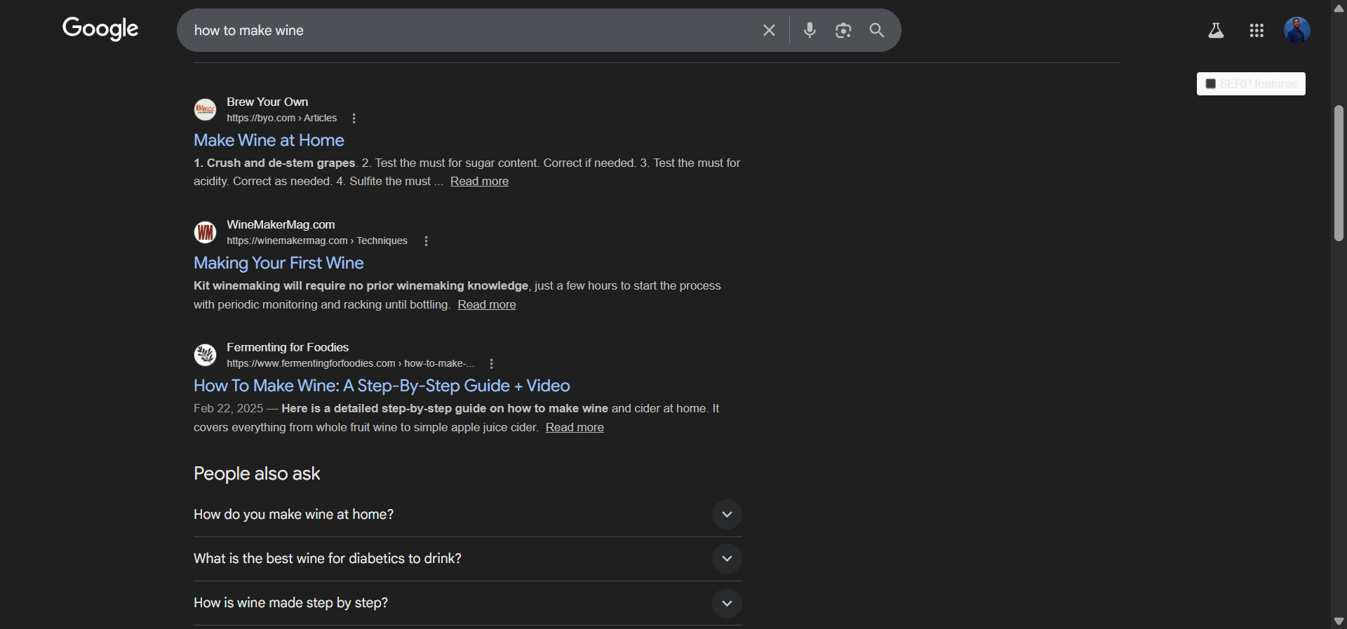 [Screenshot: A top-ranking page for &ldquo;how to make wine&rdquo; showing 5-6 clearly defined sections/steps that could become subpages]