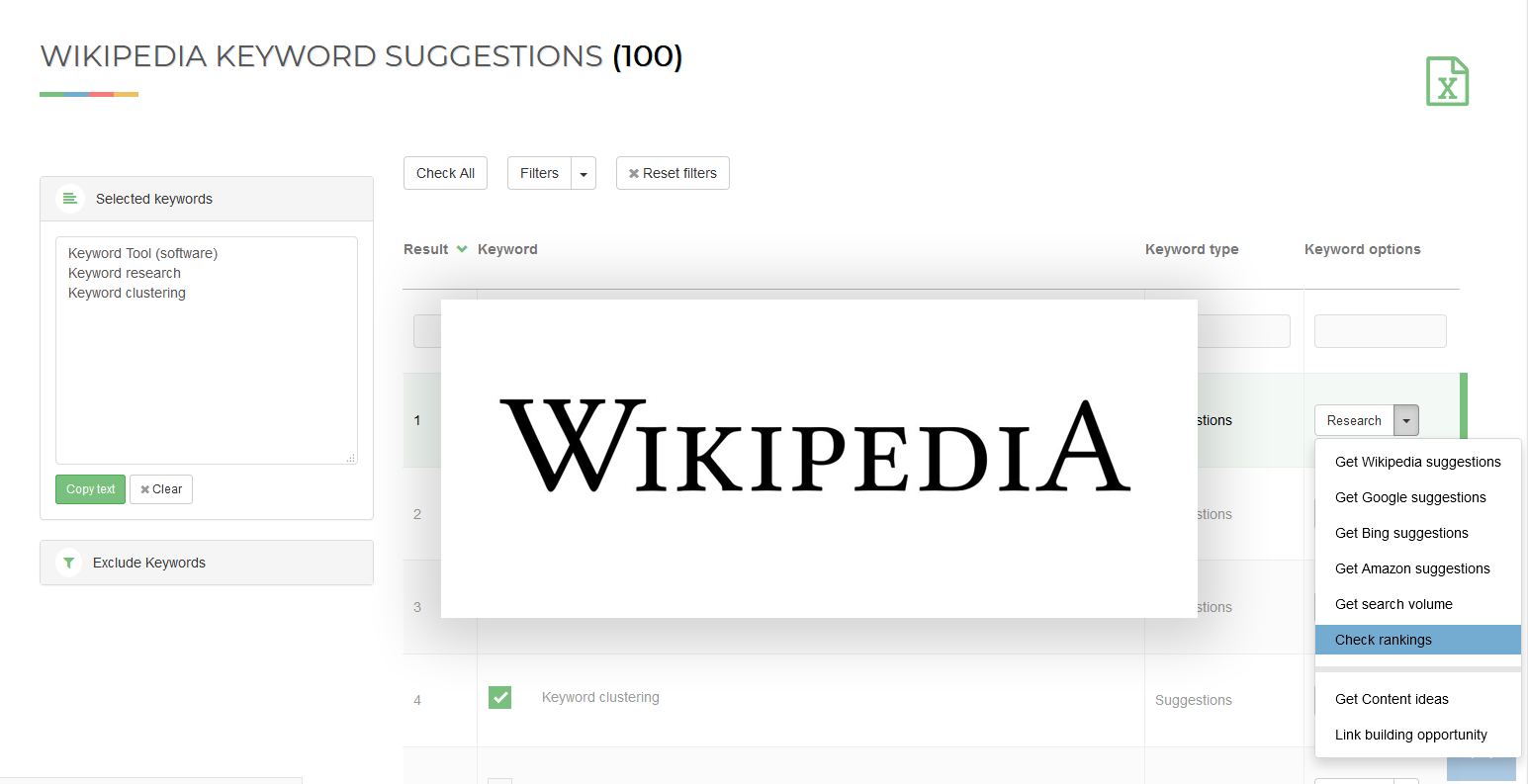 [Screenshot: A Wikipedia or authoritative list page showing items that could become subpages, along with a keyword tool showing their relative search volumes]