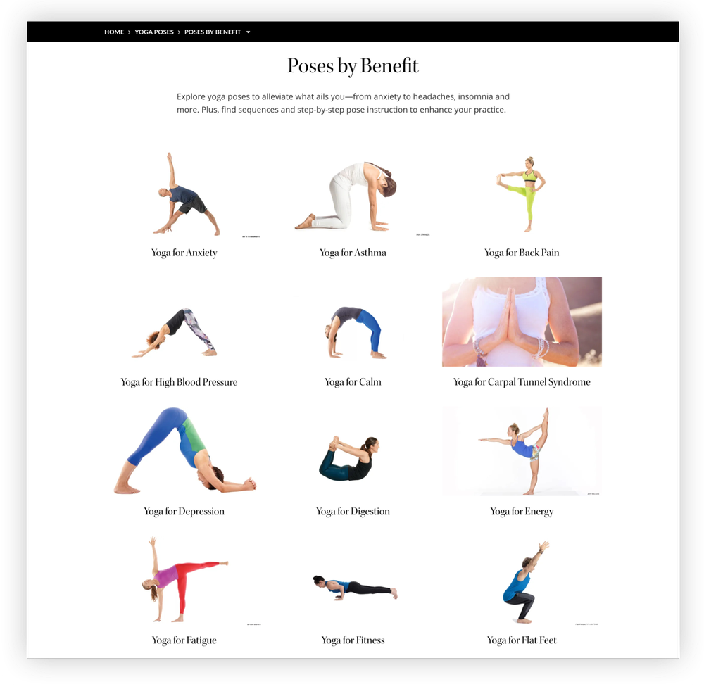 [Screenshot: Yoga Journal&rsquo;s yoga poses hub page showing simple text-based links to subpages &mdash; no custom design, just clean organization]
