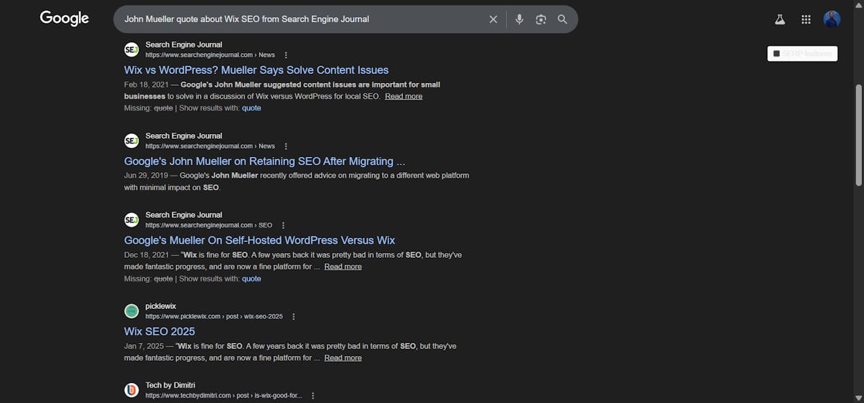 [Screenshot: Google&rsquo;s John Mueller quote about Wix SEO from Search Engine Journal]